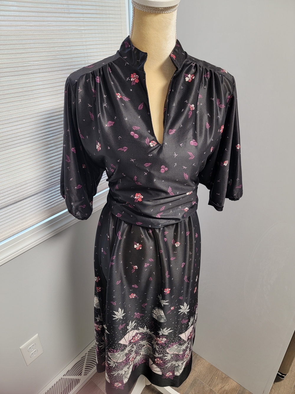 Vintage Montgomery Ward 80s Midi Dress Black Floral Asian Inspired Fans Size 16